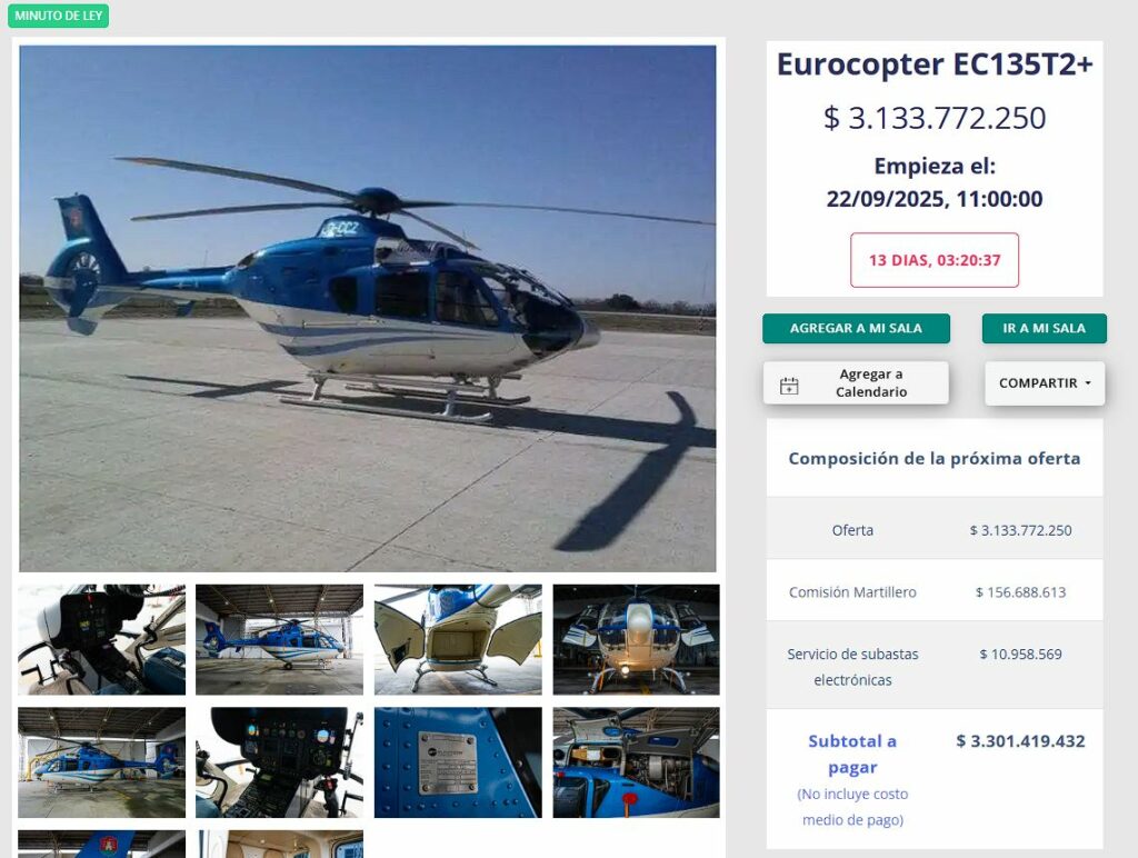 Córdoba subasta un helicóptero oficial: la base supera los $3.100 millones