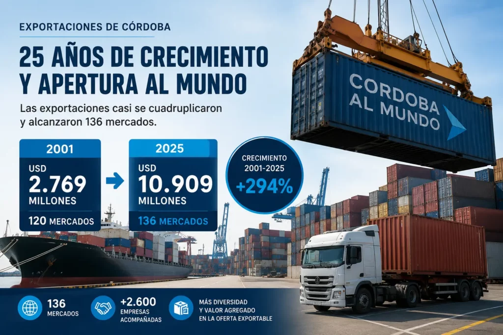 Las exportaciones de Córdoba casi se cuadruplicaron en los últimos 25 años y ya llegan a 136 mercados